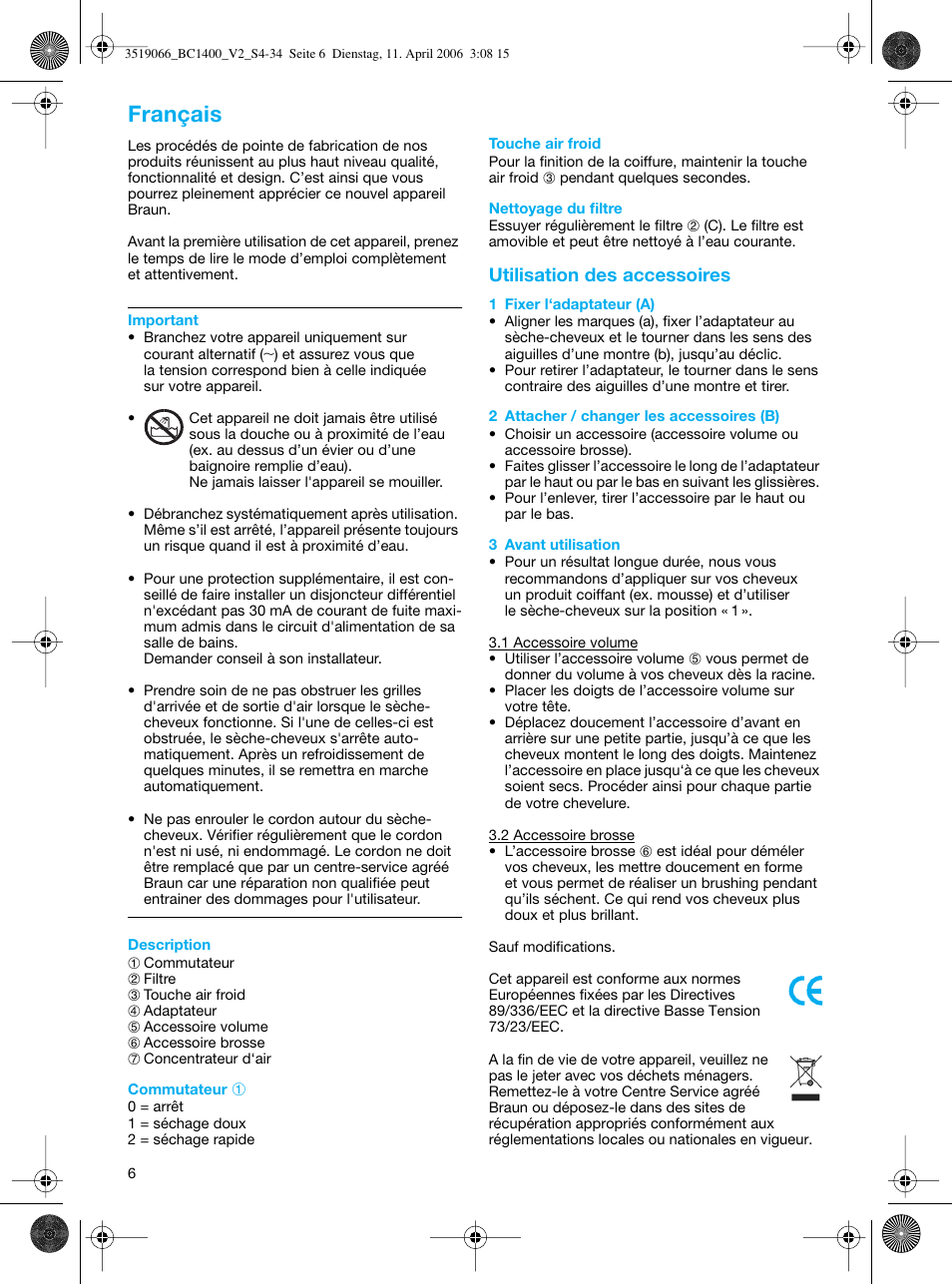 Français | Braun BC1400 V2 User Manual | Page 6 / 34