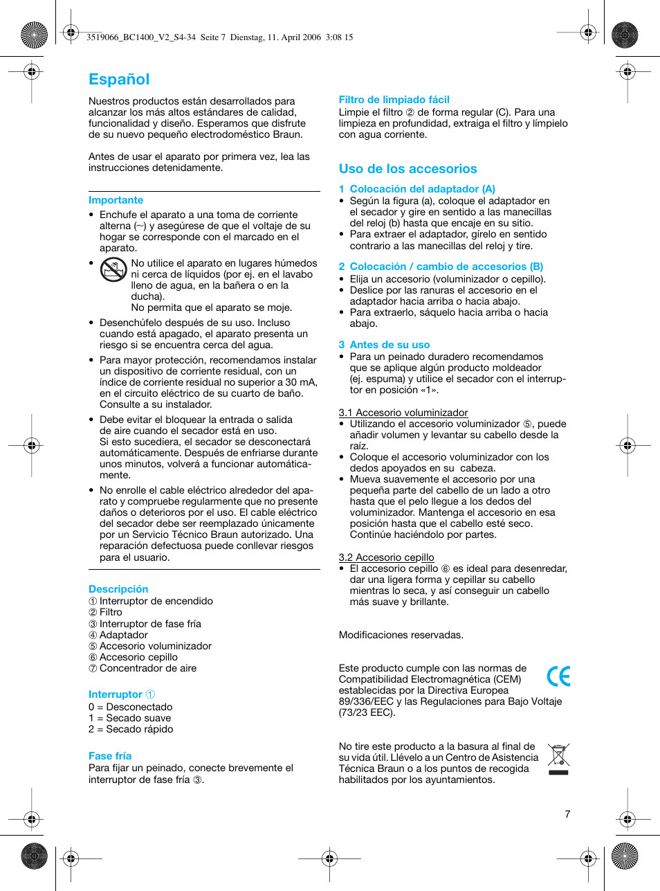 Español | Braun BC1400 V2 User Manual | Page 7 / 34