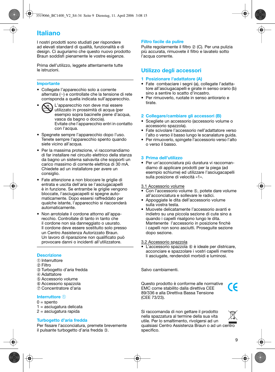 Italiano | Braun BC1400 V2 User Manual | Page 9 / 34