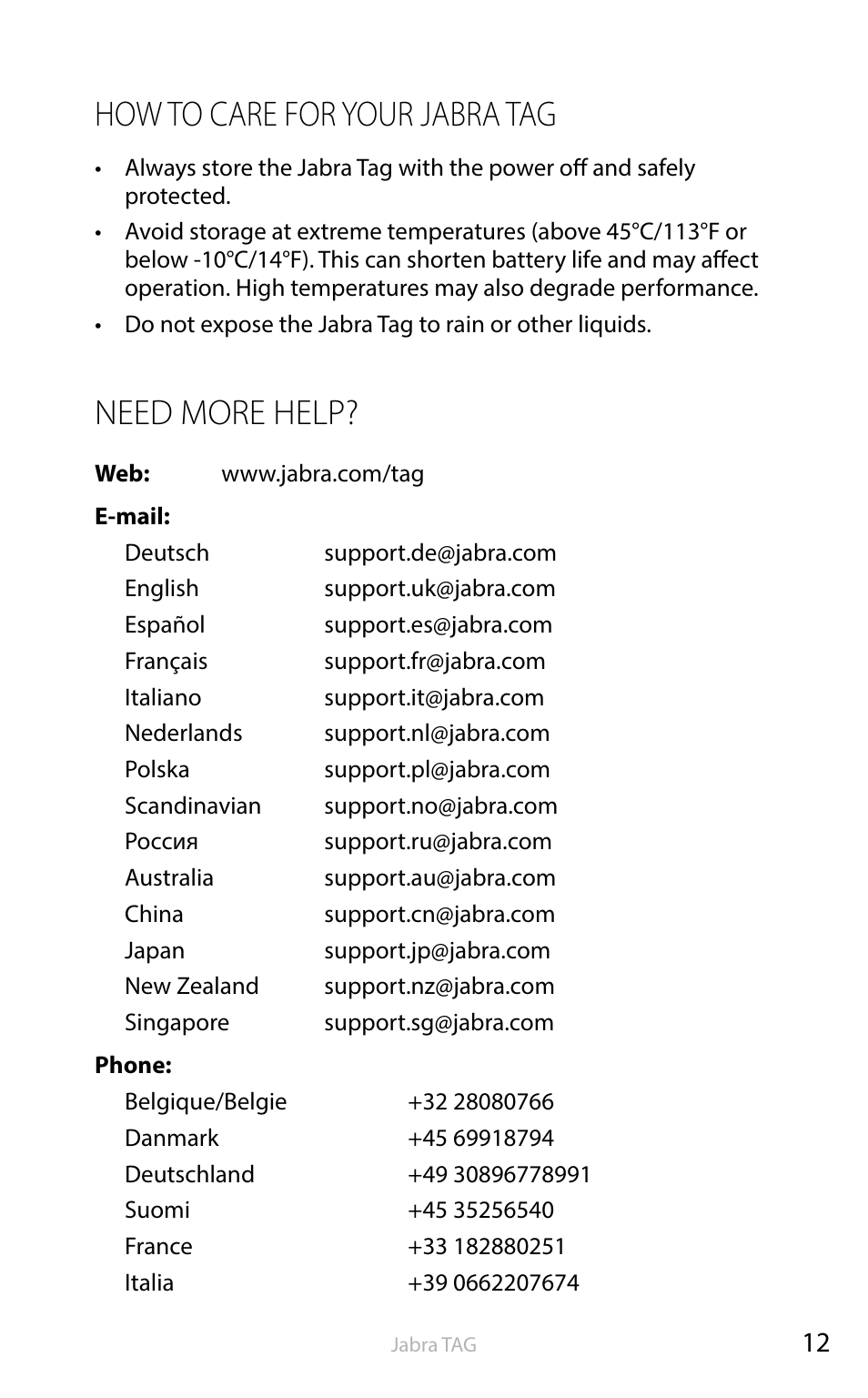 English, How to care for your jabra tag, Need more help | Jabra TAG User Manual | Page 13 / 17