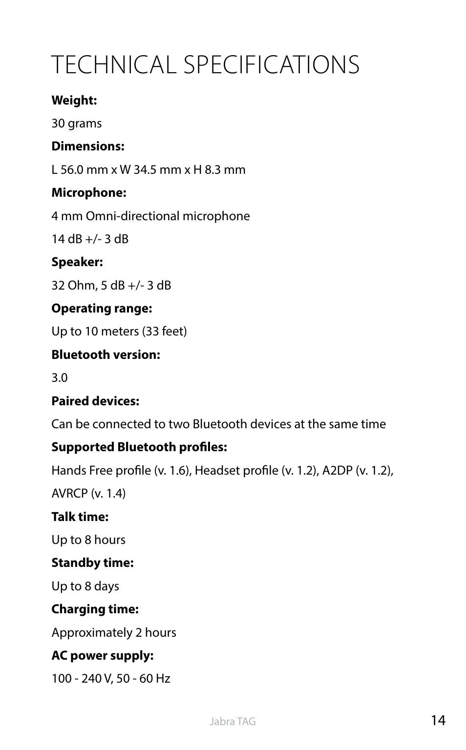 Technical specifications | Jabra TAG User Manual | Page 15 / 17