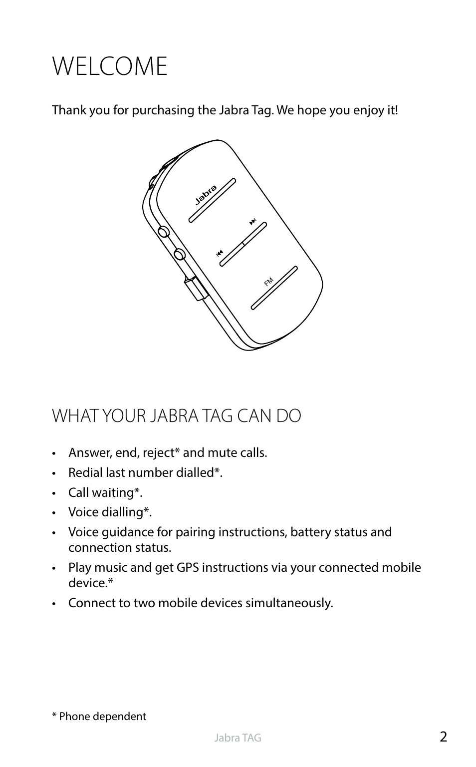 Thank you, About your jabra easygo, Welcome | English, What your jabra tag can do | Jabra TAG User Manual | Page 3 / 17