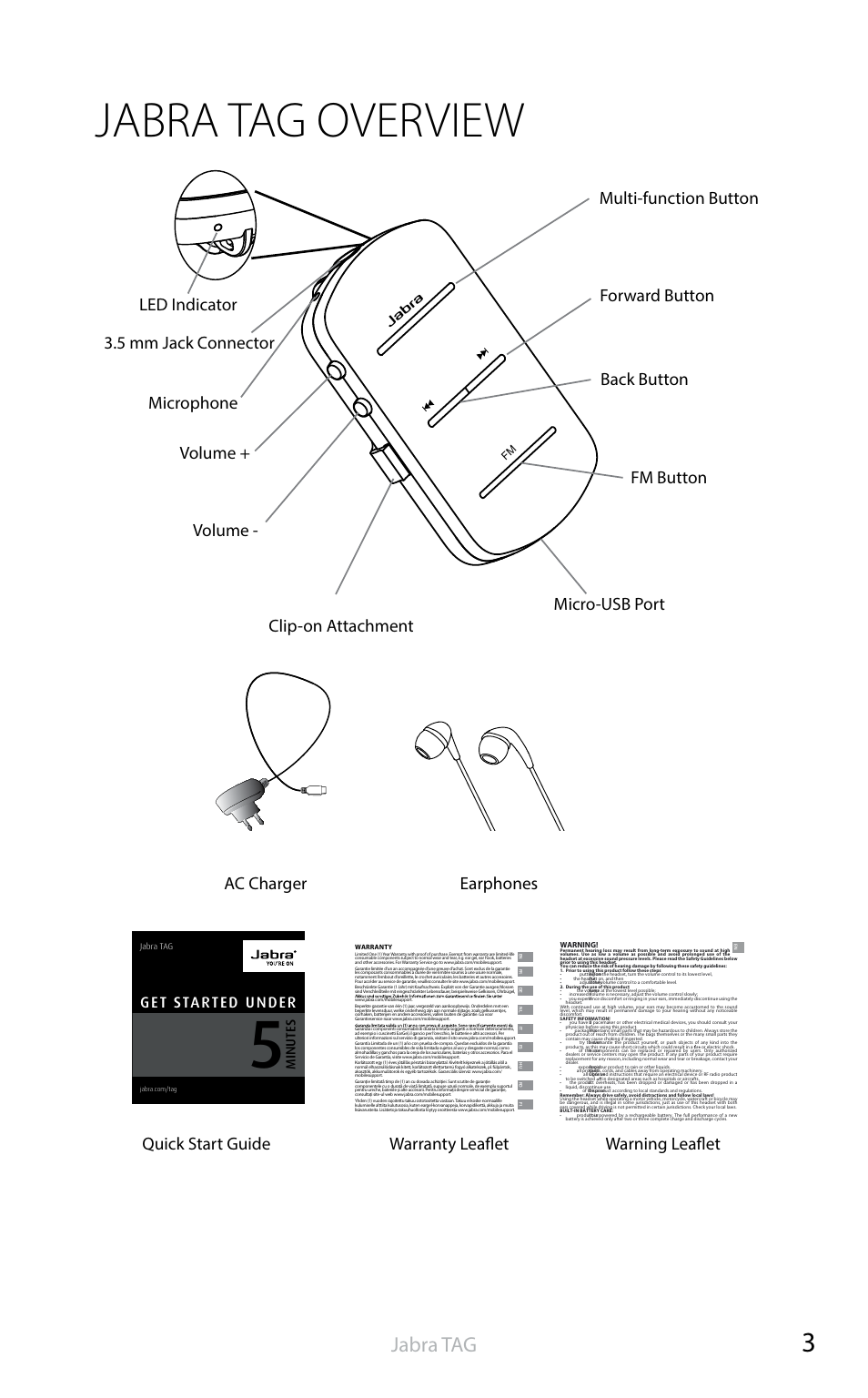 What your headset does, Jabra tag overview, English | Jabra tag, Ac charger, Earphones, Quick start guide warranty leaflet warning leaflet, Get started under, Minute s, Jabra | Jabra TAG User Manual | Page 4 / 17