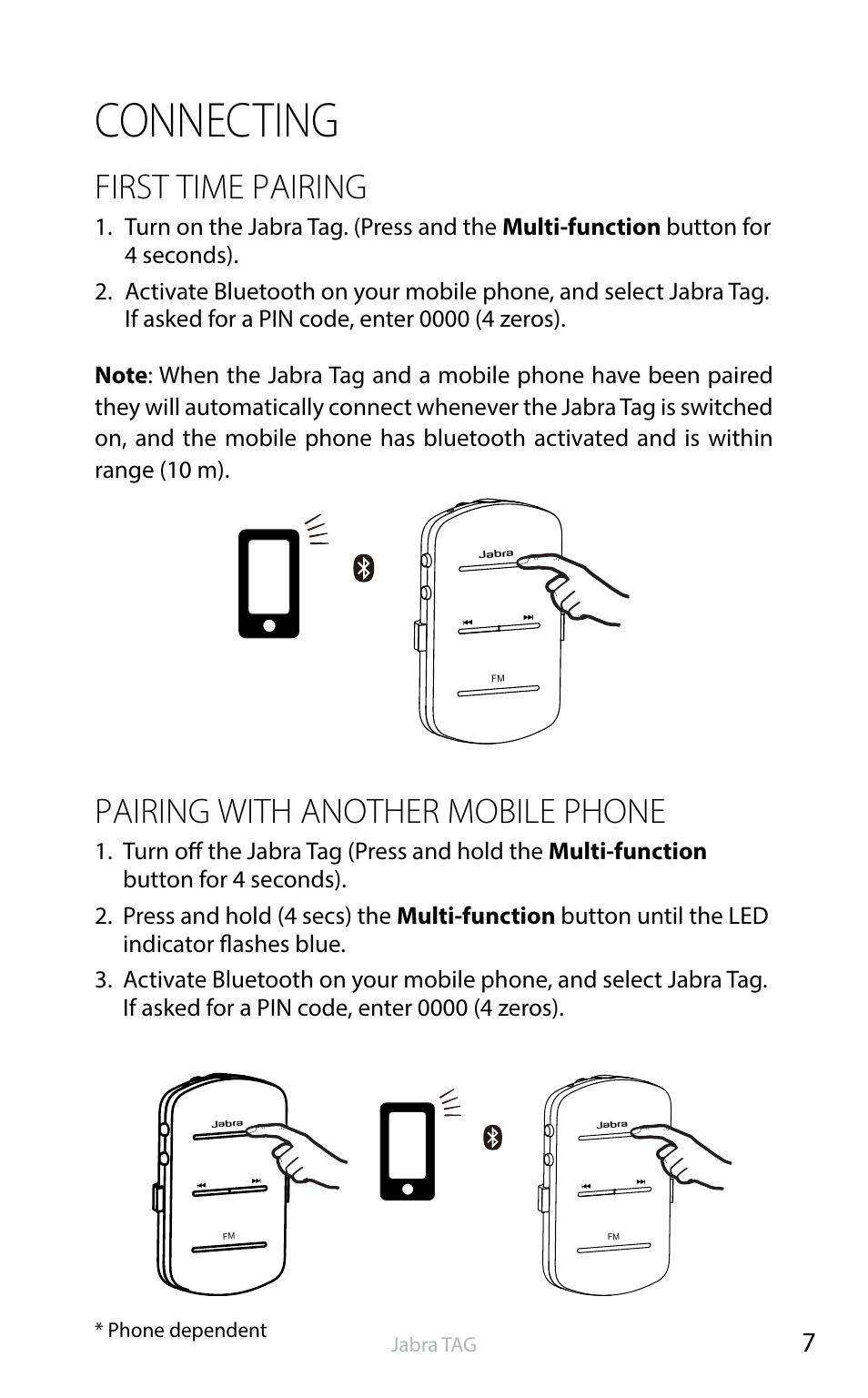 Connecting, English, First time pairing | Pairing with another mobile phone | Jabra TAG User Manual | Page 8 / 17