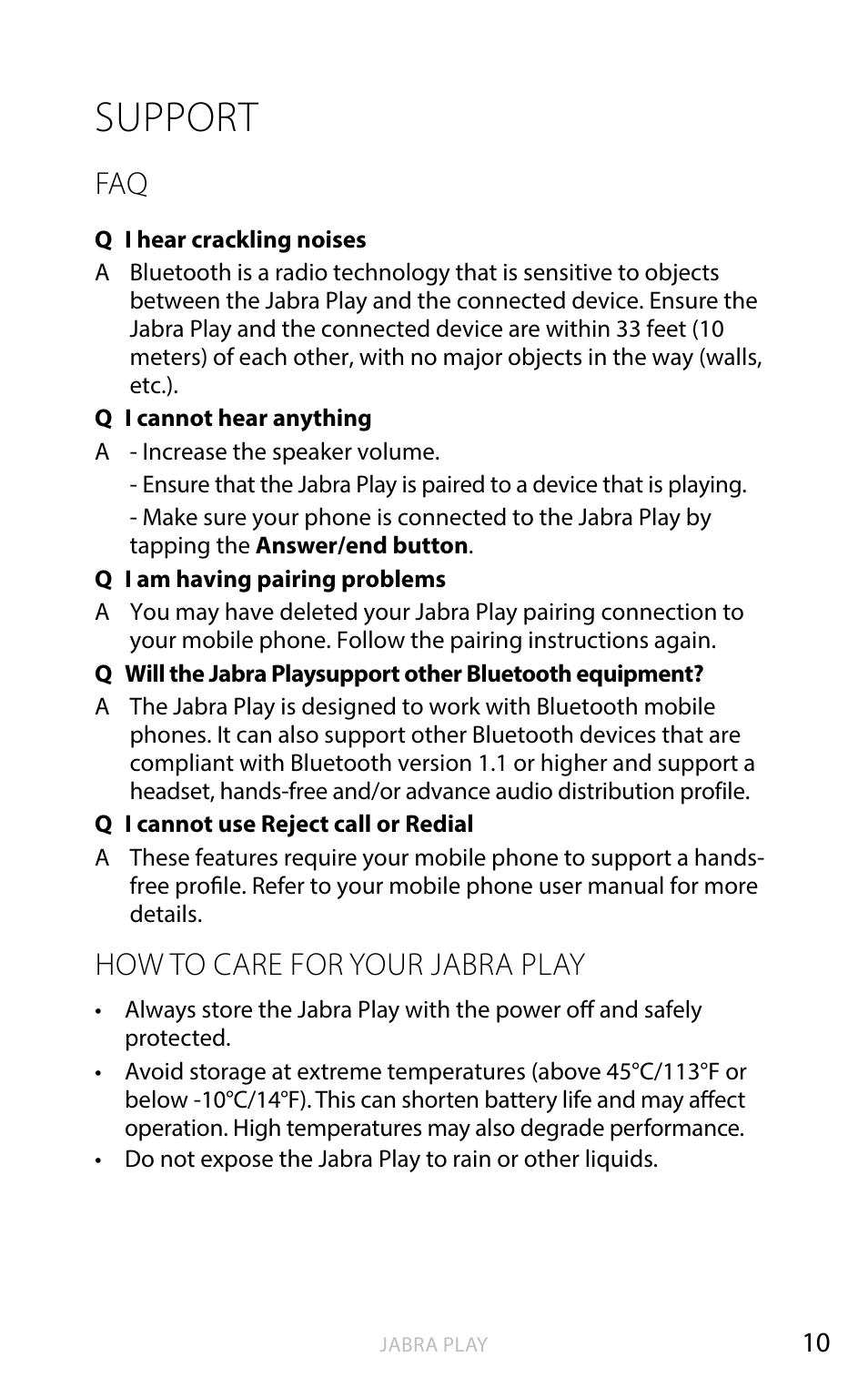 Support, English, How to care for your jabra play | Jabra PLAY User Manual | Page 11 / 16