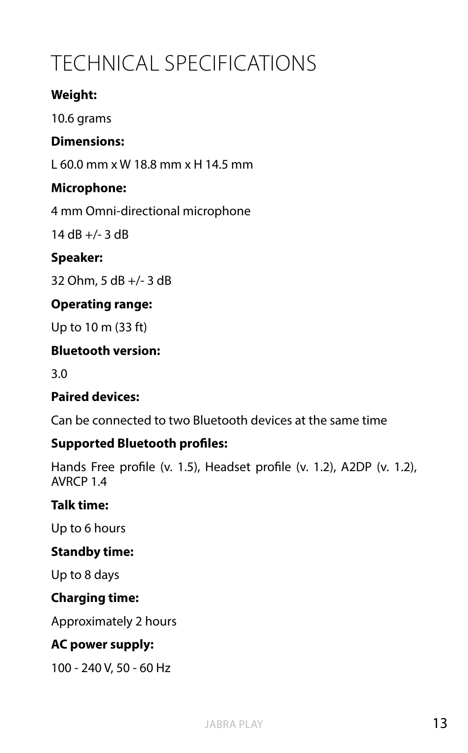 Technical specifications, English | Jabra PLAY User Manual | Page 14 / 16