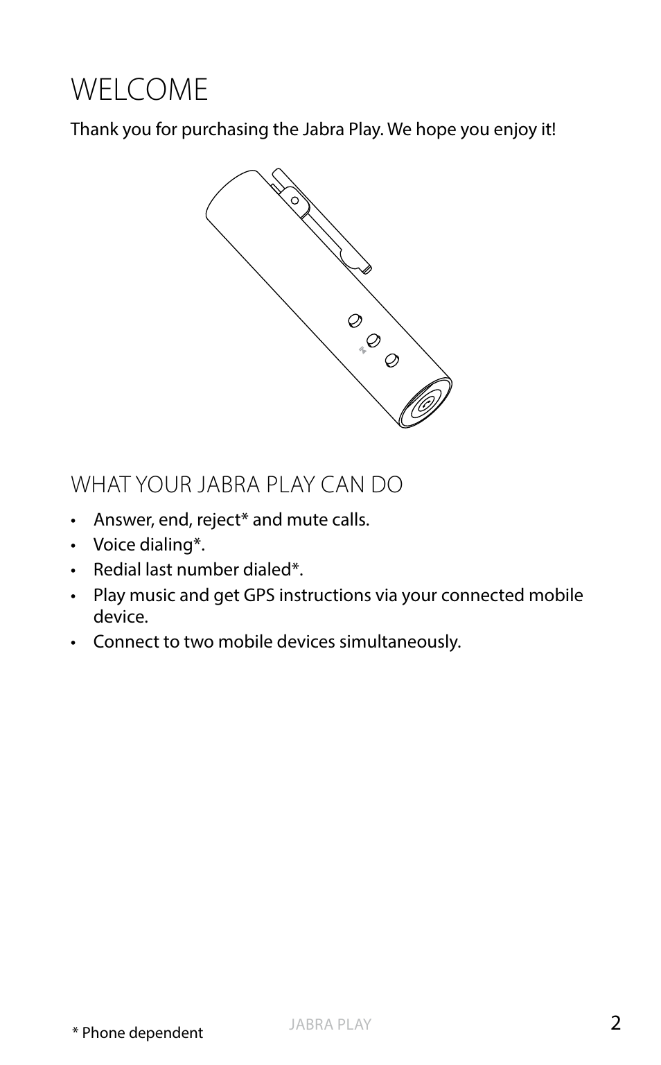 Welcome, English, What your jabra play can do | Jabra PLAY User Manual | Page 3 / 16