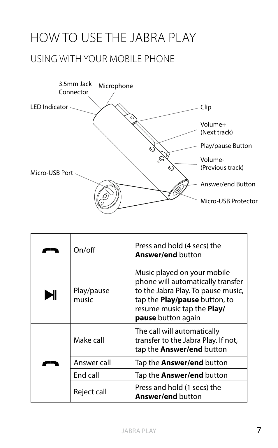 How to use the jabra play, English, Using with your mobile phone | Jabra PLAY User Manual | Page 8 / 16