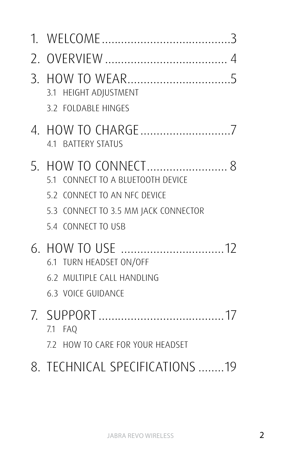 Welcome 2. overview 3. how to wear, How to charge, How to connect | How to use, Support, Technical specifications | Jabra REVO WIRELESS User Manual | Page 2 / 19
