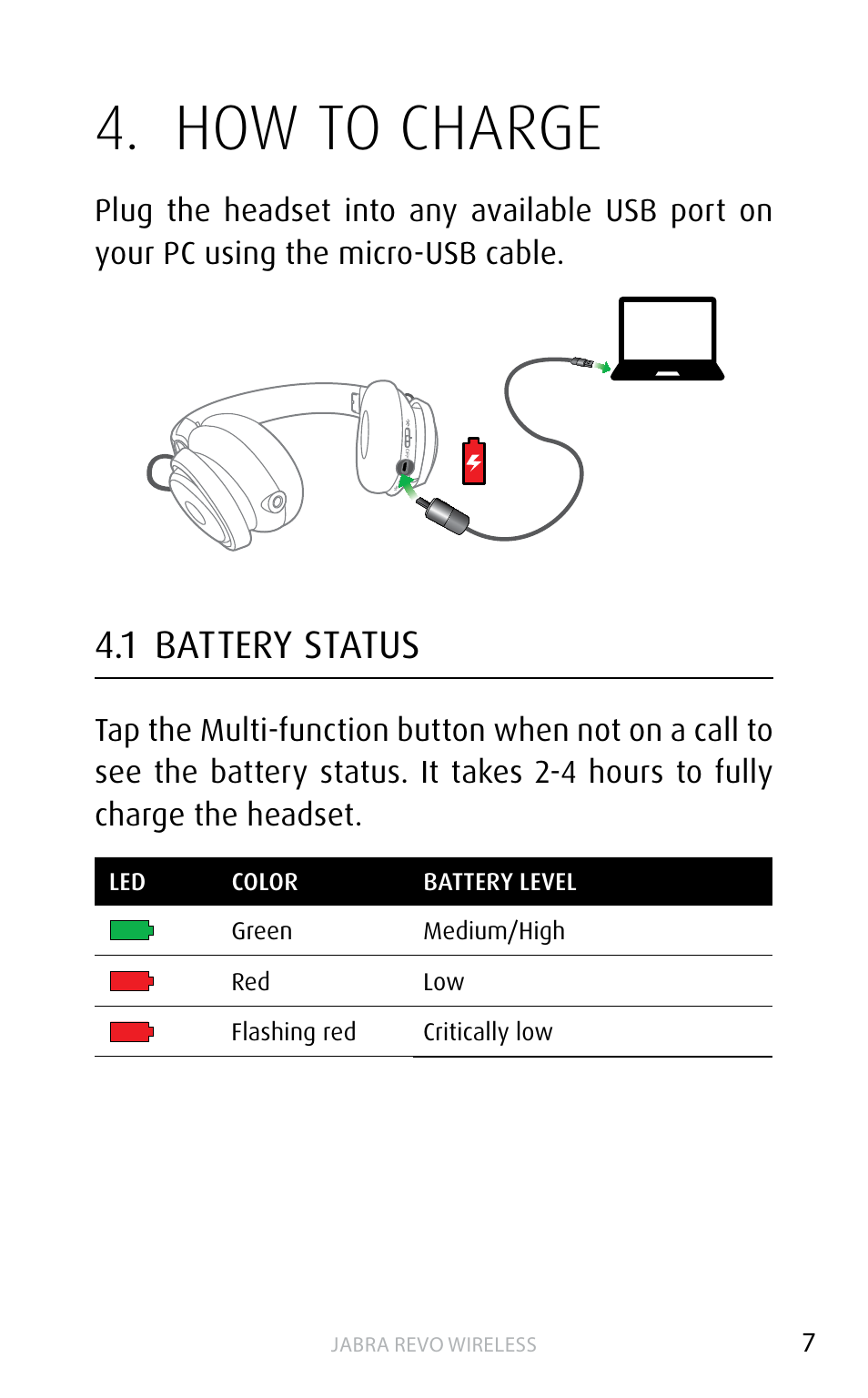 How to charge, 1 battery status | Jabra REVO WIRELESS User Manual | Page 7 / 19