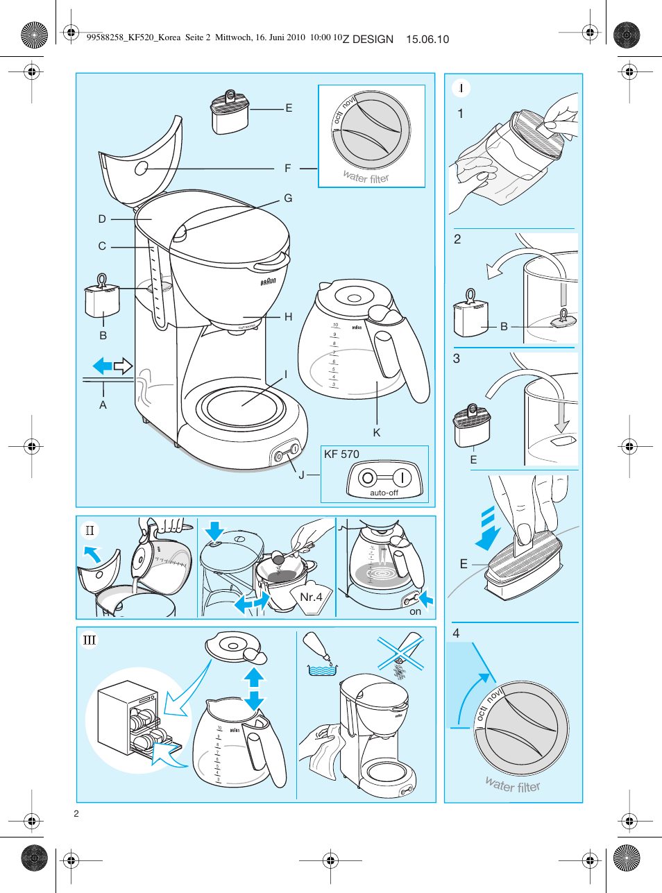 Nr.4, Water filter, Kf 570 on | Braun KF 520 User Manual | Page 2 / 6