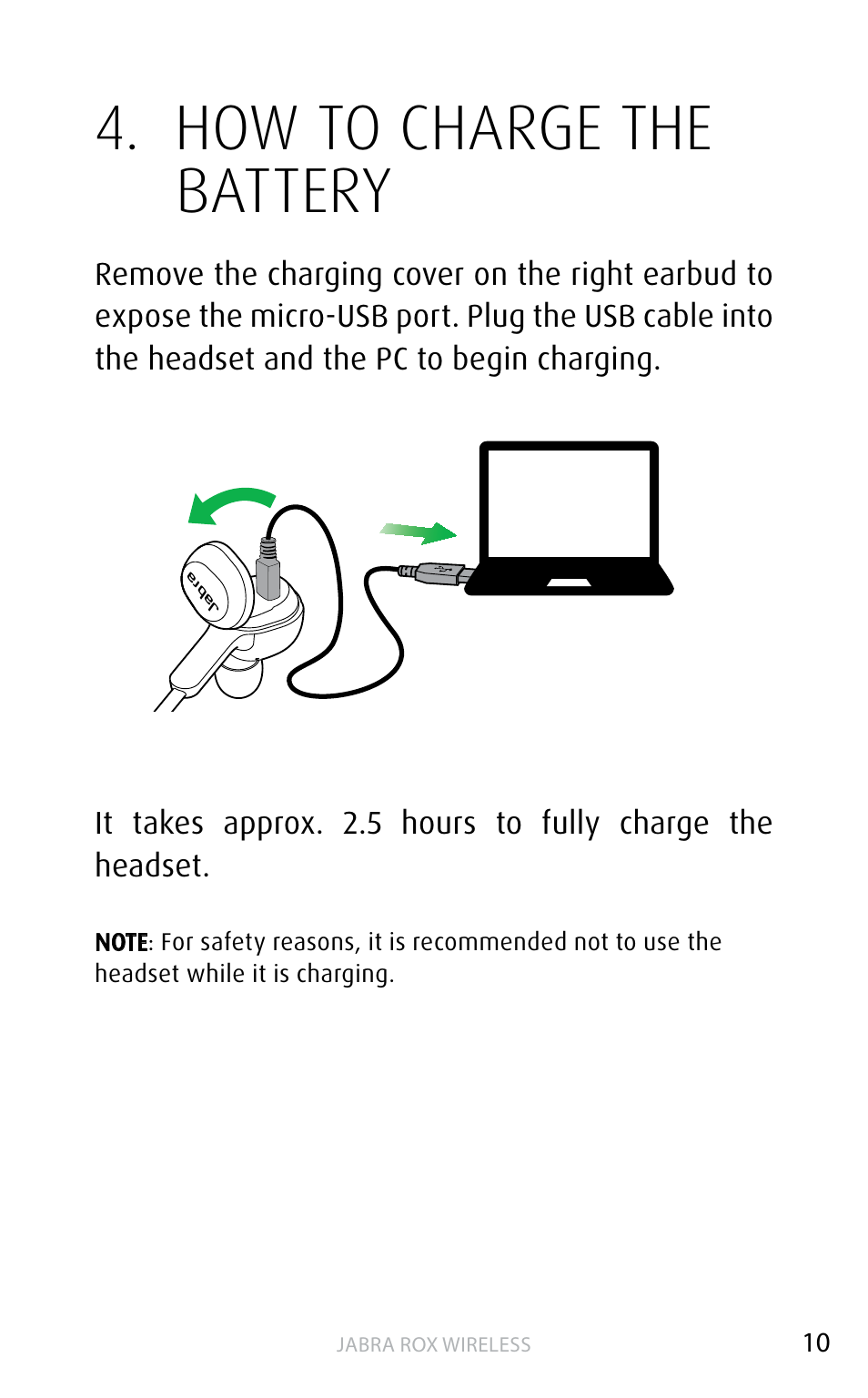 How to charge the battery | Jabra ROX WIRELESS User Manual | Page 10 / 20