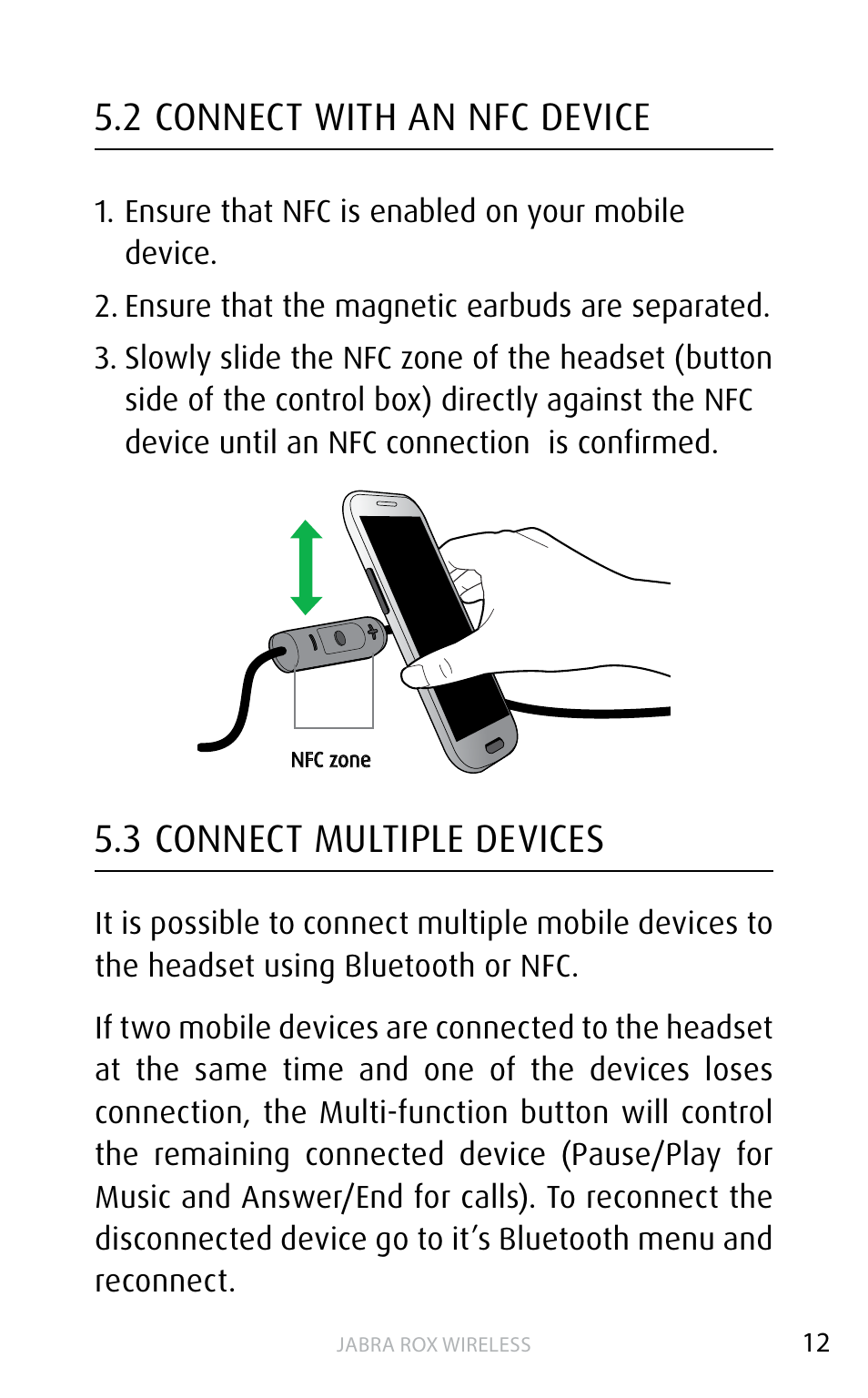 2 connect with an nfc device, 3 connect multiple devices, English | Jabra ROX WIRELESS User Manual | Page 12 / 20