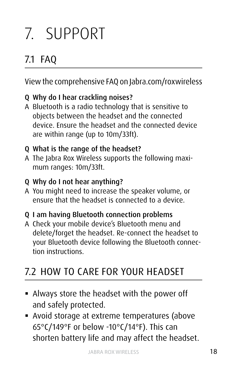 Support, 1 faq, 2 how to care for your headset | 1 faq 7.2 how to care for your headset, English | Jabra ROX WIRELESS User Manual | Page 18 / 20