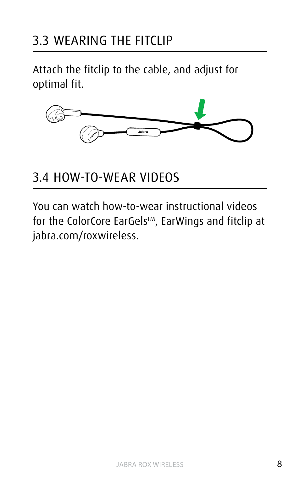 3 wearing the fitclip, 4 how-to-wear videos, 3 wearing the fitclip 3.4 how-to-wear videos | English | Jabra ROX WIRELESS User Manual | Page 8 / 20