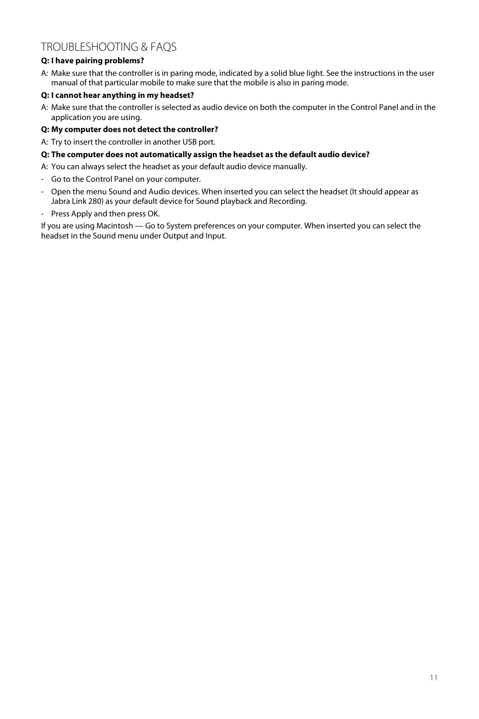 Troubleshooting & faqs | Jabra LINK 280 User Manual | Page 11 / 13