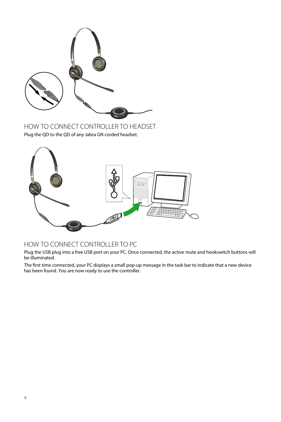 How to connect controller to headset, How to connect controller to pc | Jabra LINK 280 User Manual | Page 4 / 13