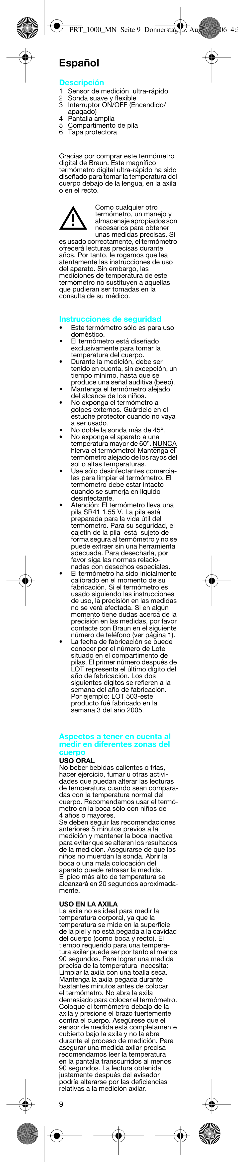Español | Braun PRT 100 User Manual | Page 9 / 19