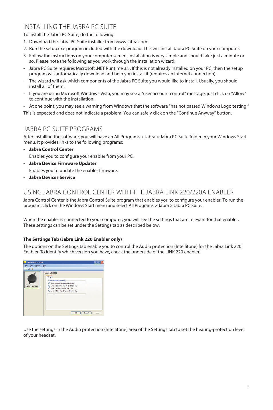 Installing the jabra pc suite, Jabra pc suite programs | Jabra LINK 220/220а User Manual | Page 5 / 8