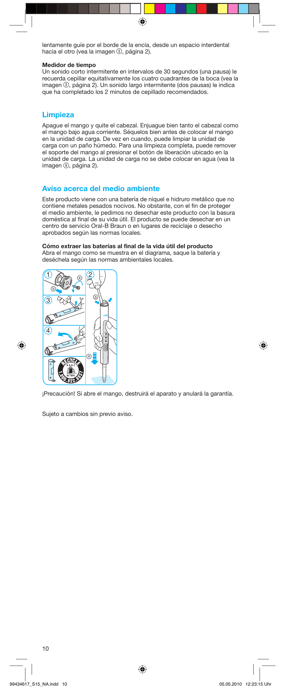 Limpieza, Aviso acerca del medio ambiente | Braun Pulsonic 3715 User Manual | Page 10 / 15
