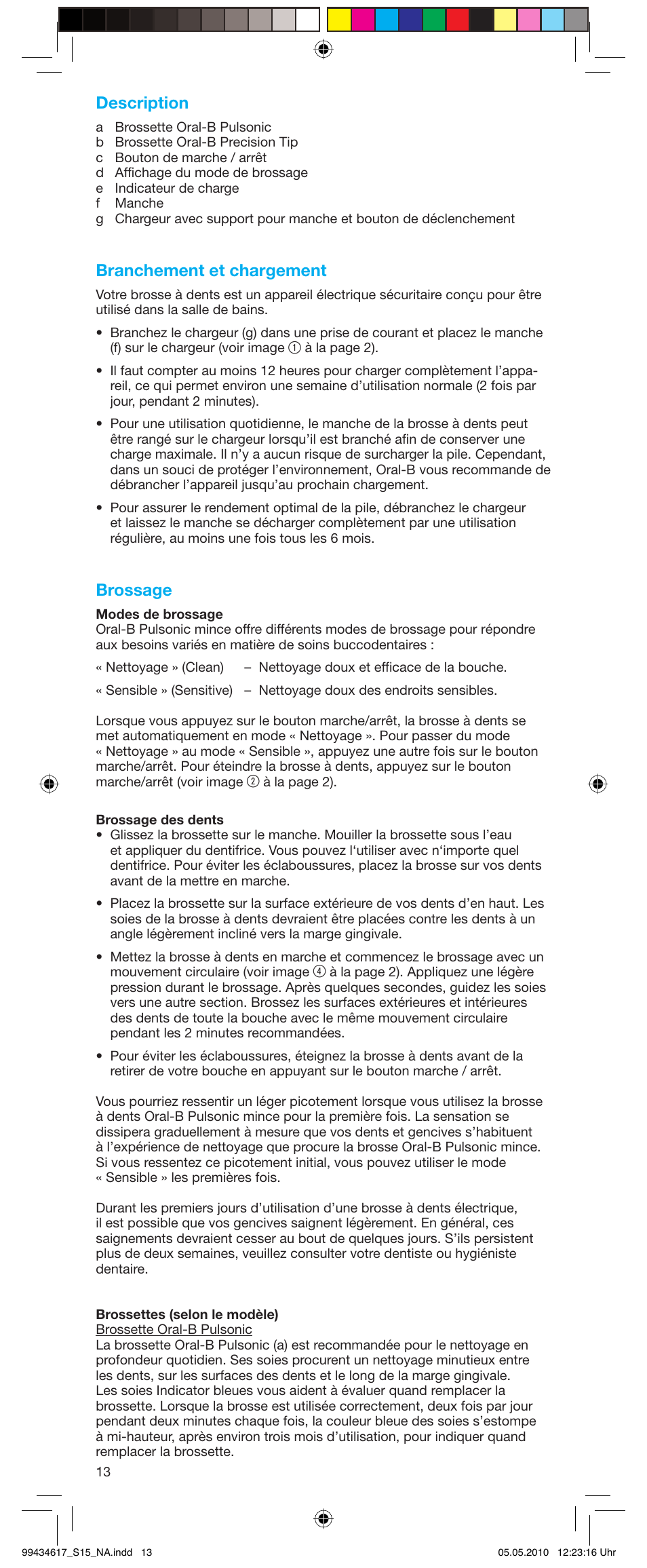 Description, Branchement et chargement, Brossage | Braun Pulsonic 3715 User Manual | Page 13 / 15