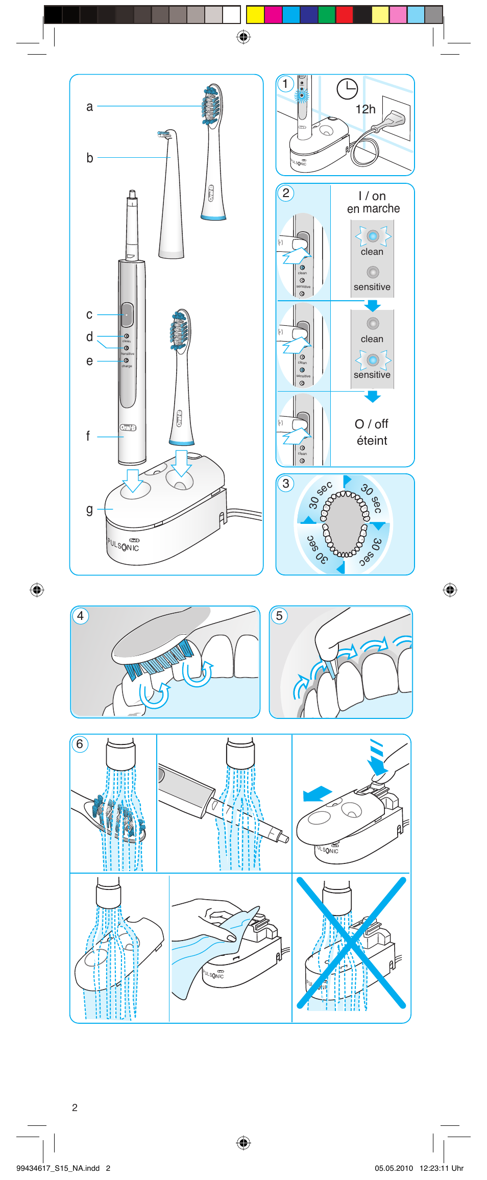 O / off i / on, 45 éteint en marche | Braun Pulsonic 3715 User Manual | Page 2 / 15