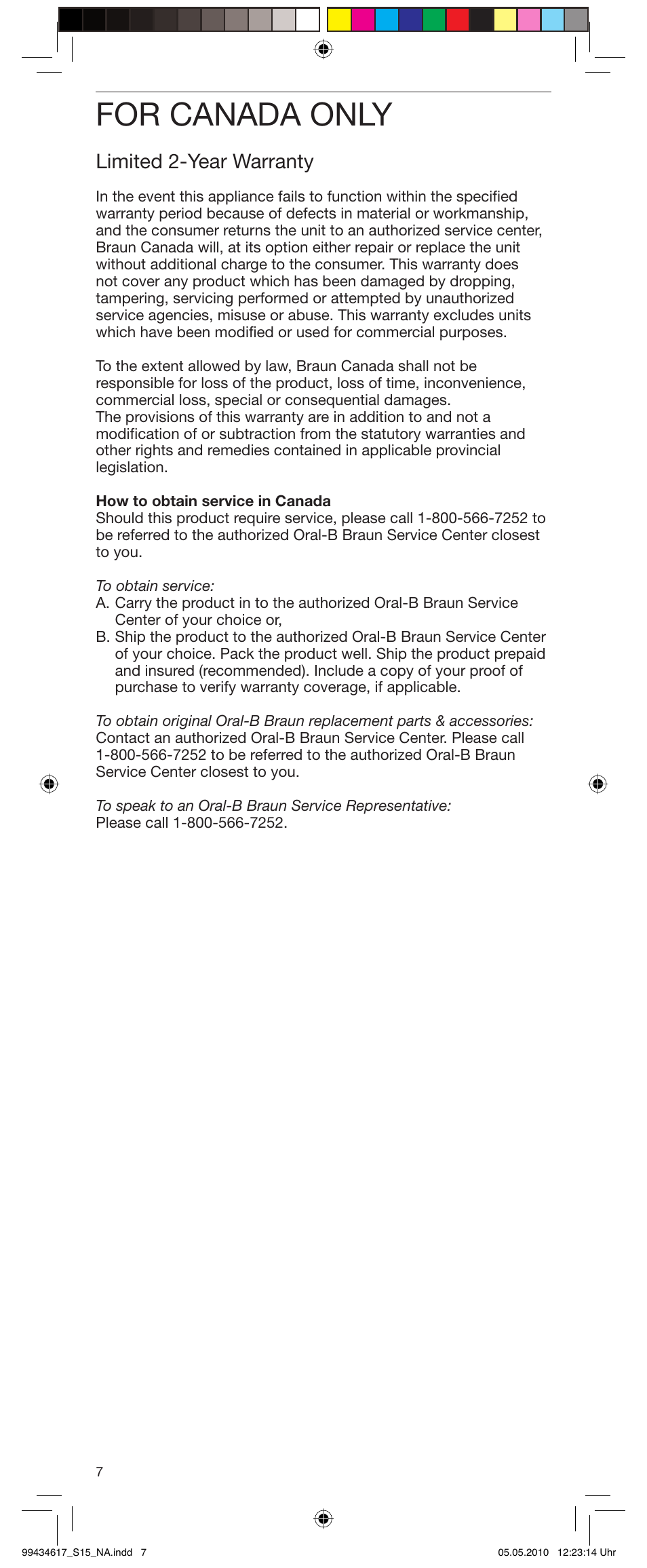 For canada only, Limited 2-year warranty | Braun Pulsonic 3715 User Manual | Page 7 / 15