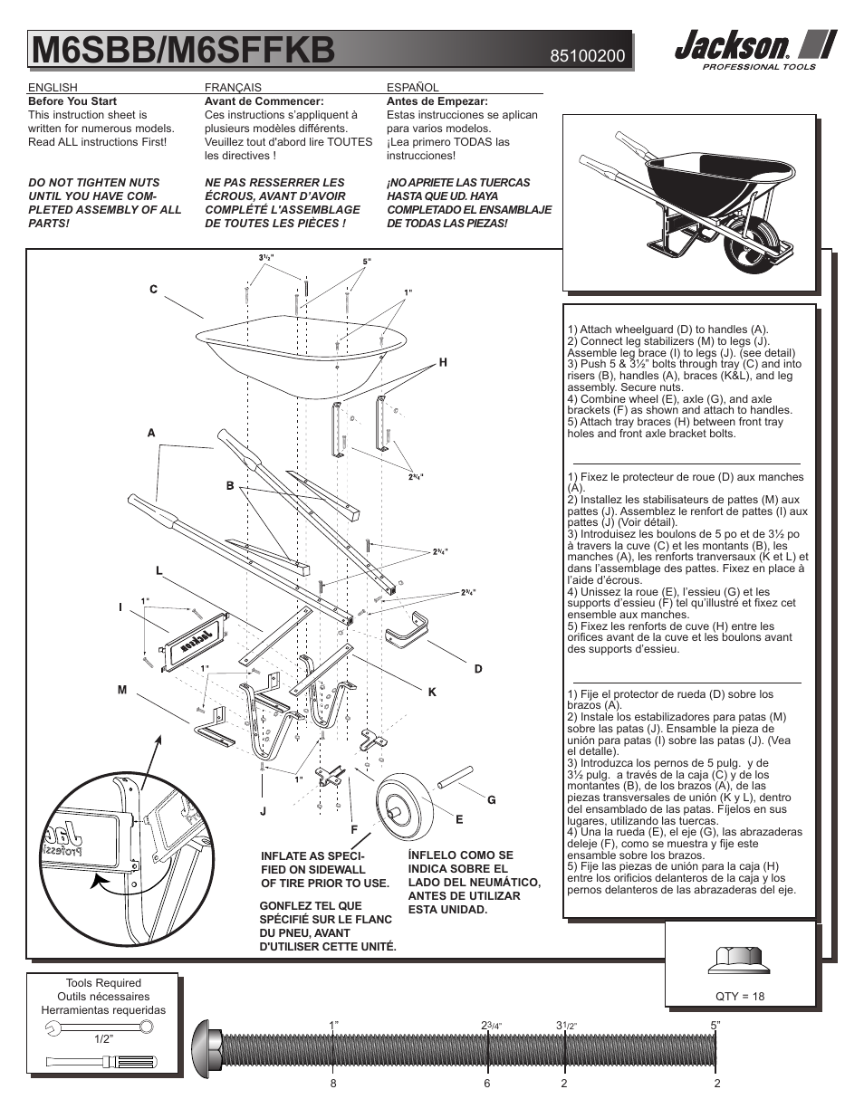 Jackson M6SBB 6 cubic foot steel contractor wheelbarrow with steel handles User Manual | 2 pages