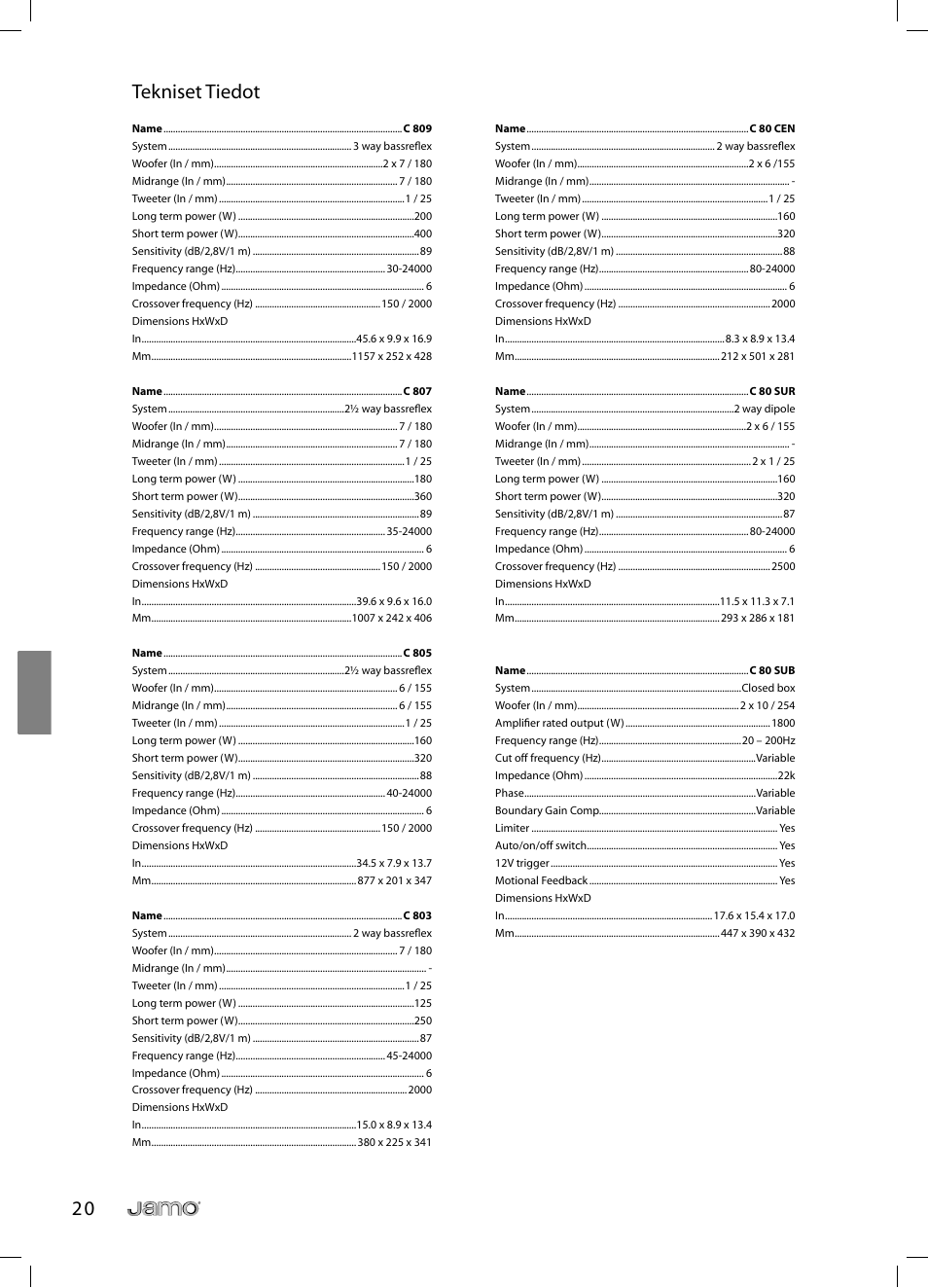 2 0 tekniset tiedot | JAMO C 803 User Manual | Page 109 / 183