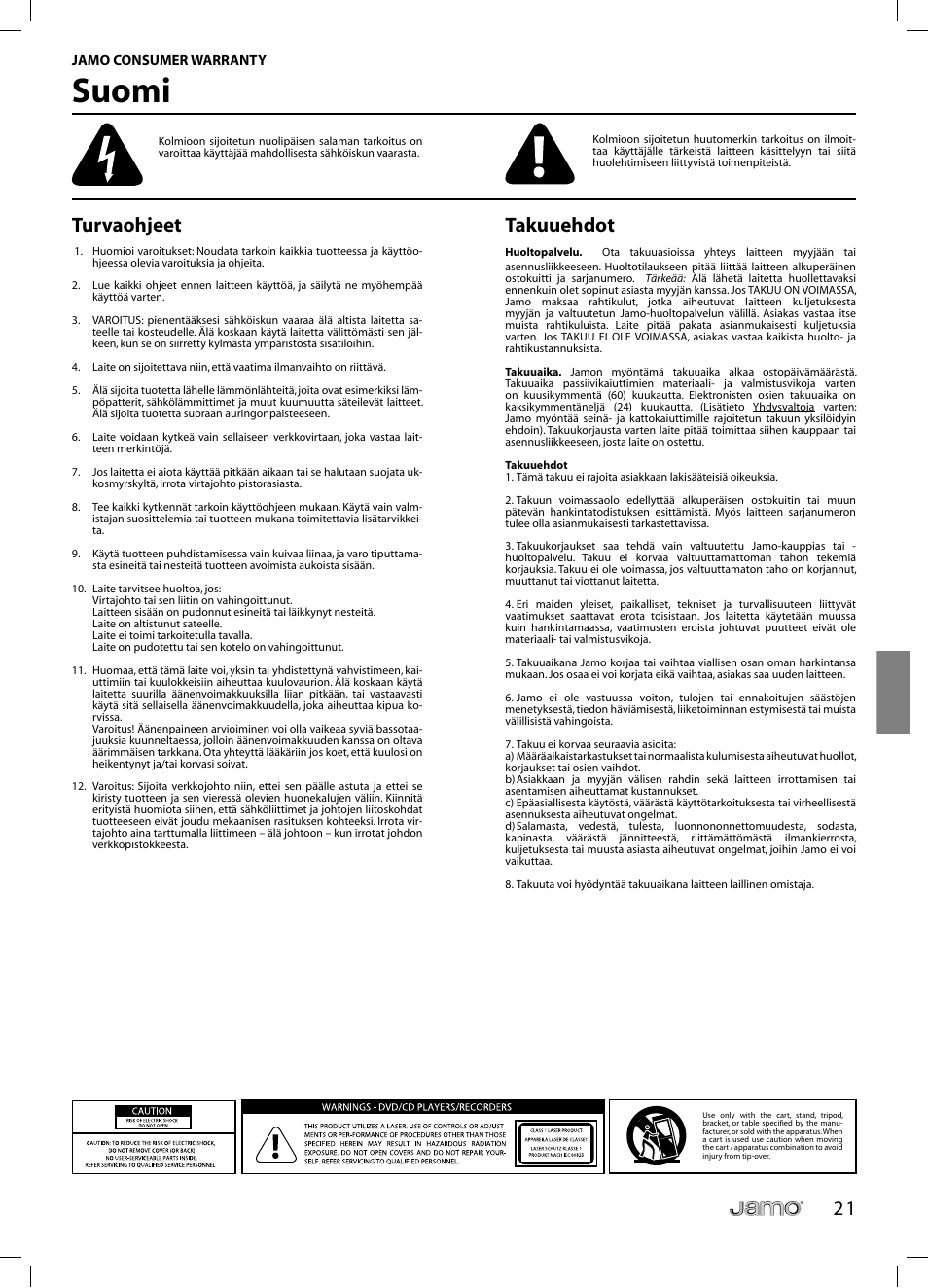 Suomi, 2 1 turvaohjeet, Takuuehdot | JAMO C 803 User Manual | Page 110 / 183