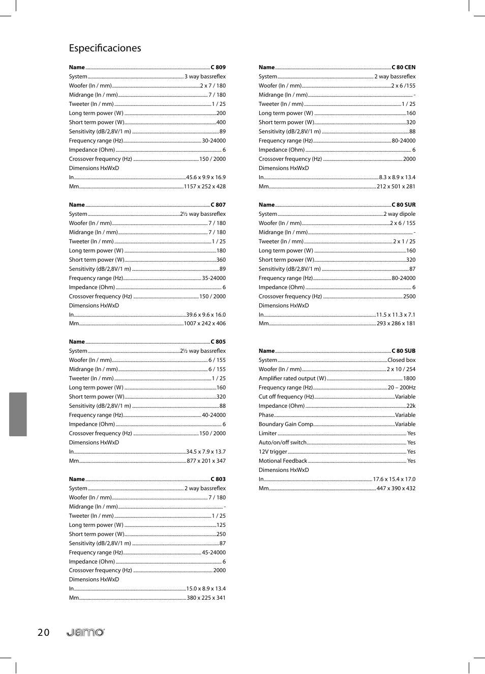 2 0 especifi caciones | JAMO C 803 User Manual | Page 127 / 183