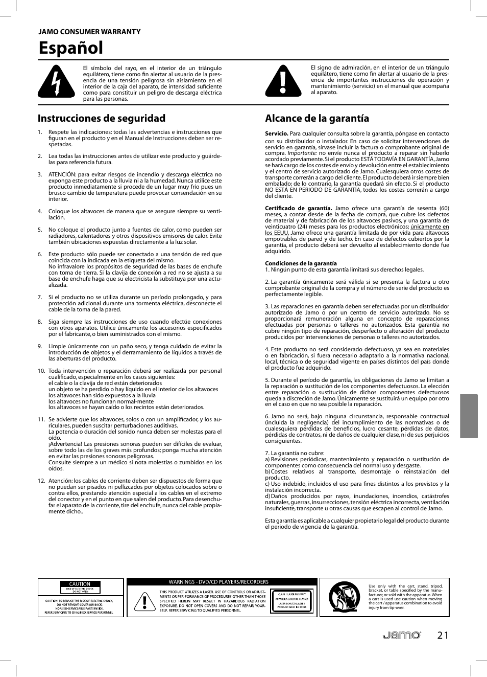 Español, 2 1 instrucciones de seguridad, Alcance de la garantía | JAMO C 803 User Manual | Page 128 / 183