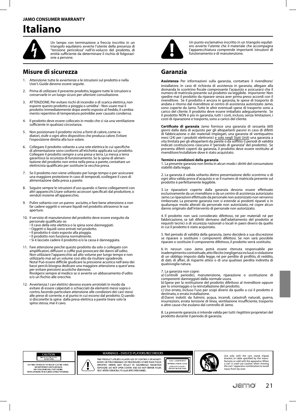 Italiano, 2 1 misure di sicurezza, Garanzia | JAMO C 803 User Manual | Page 146 / 183