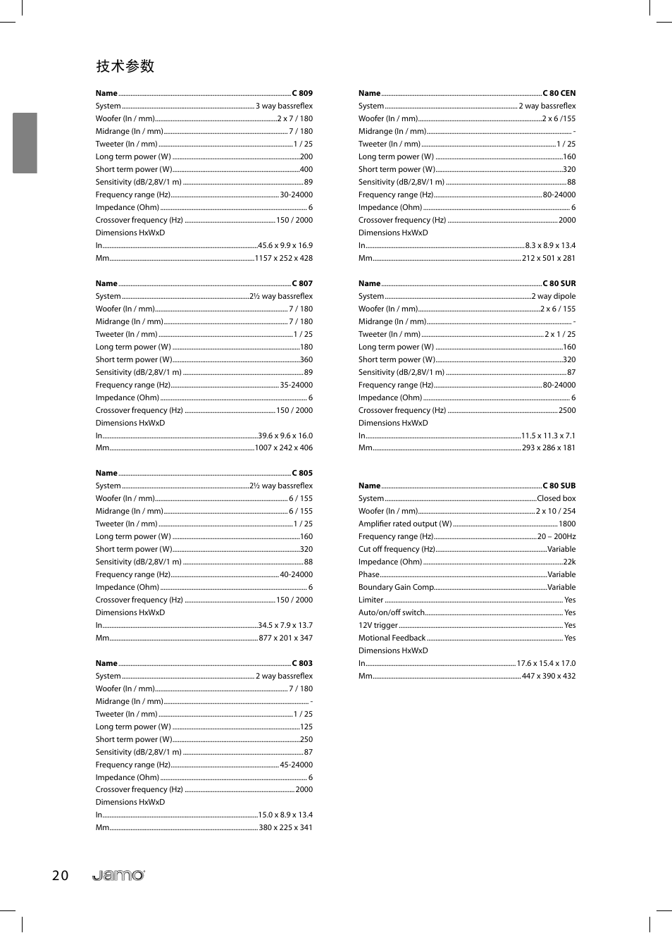 2 0 技术参数 | JAMO C 803 User Manual | Page 181 / 183