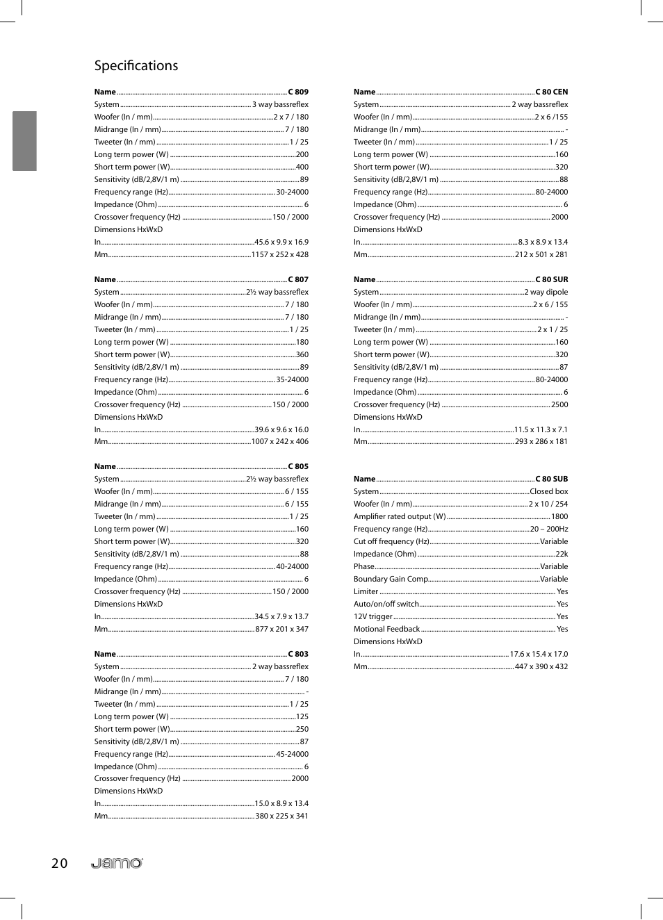 2 0 specifi cations | JAMO C 803 User Manual | Page 19 / 183