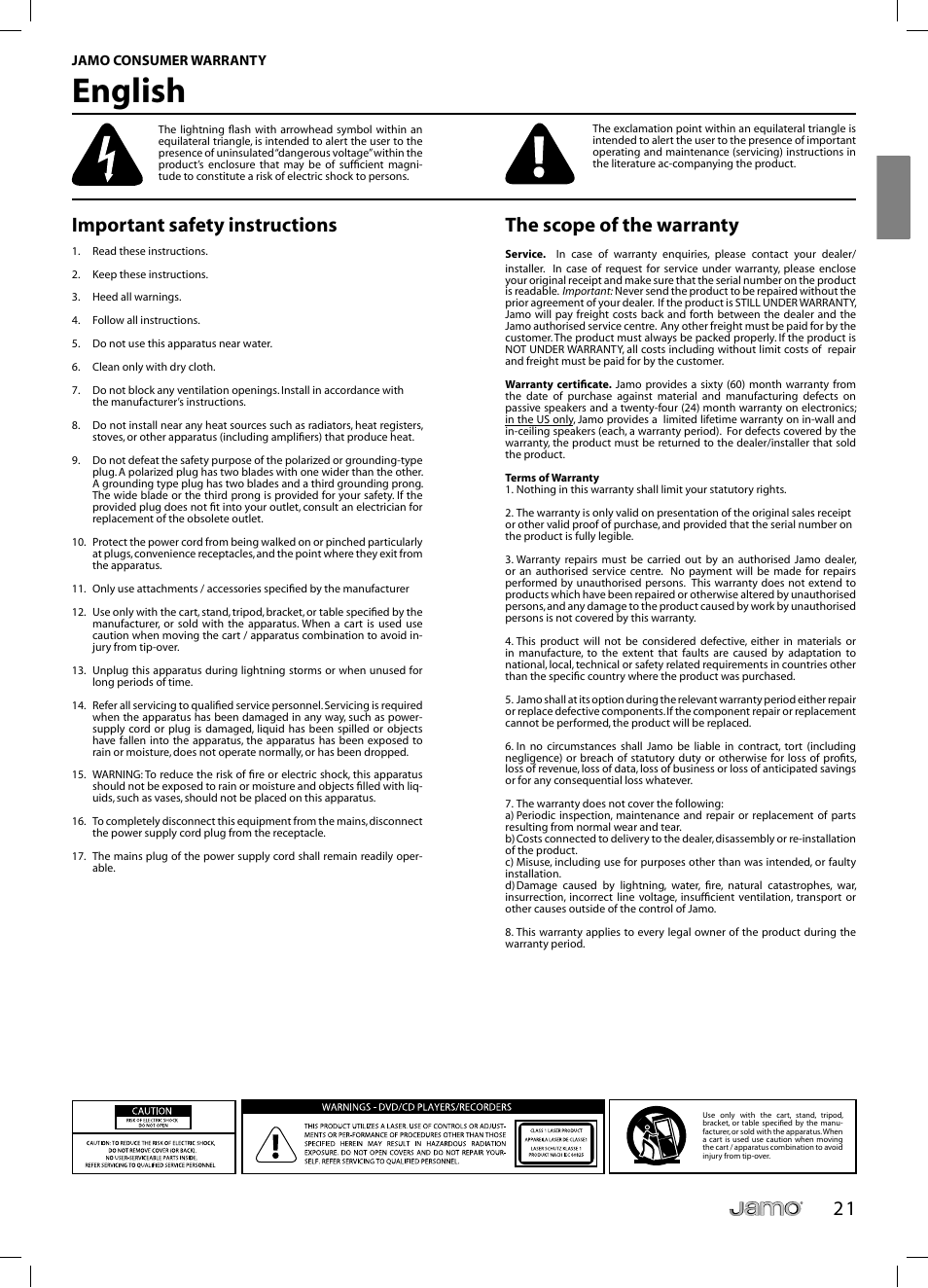 English, 2 1 important safety instructions, The scope of the warranty | JAMO C 803 User Manual | Page 20 / 183