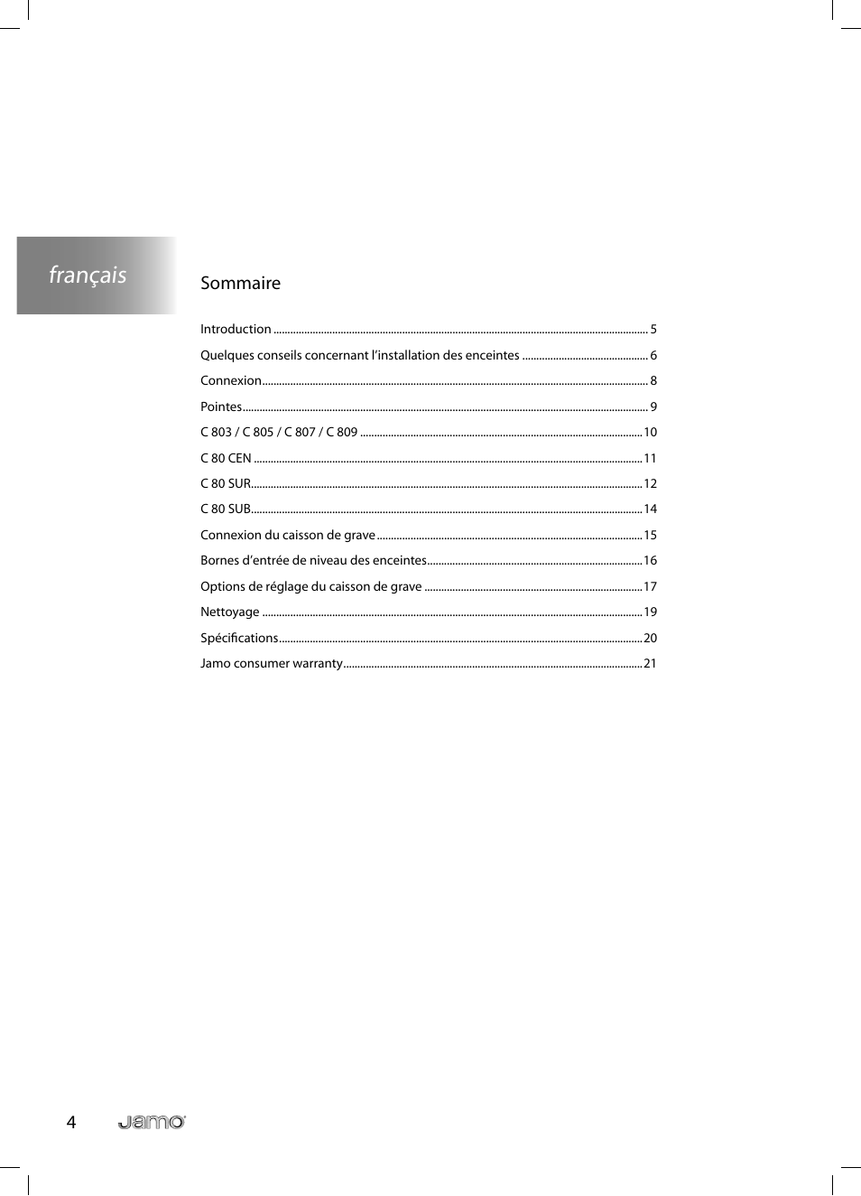 Français, 4sommaire | JAMO C 803 User Manual | Page 21 / 183
