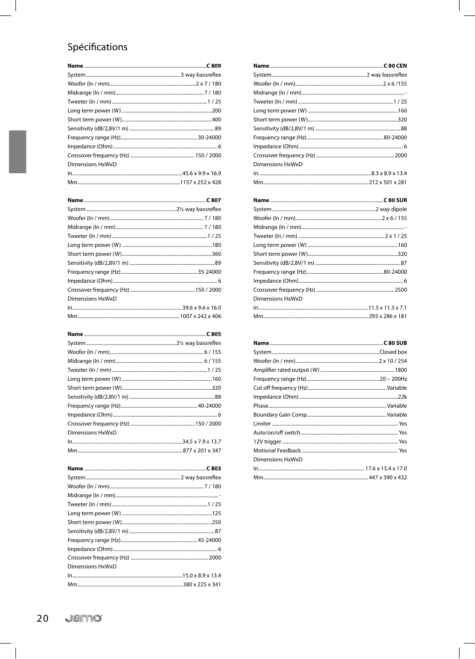 2 0 spécifi cations | JAMO C 803 User Manual | Page 37 / 183