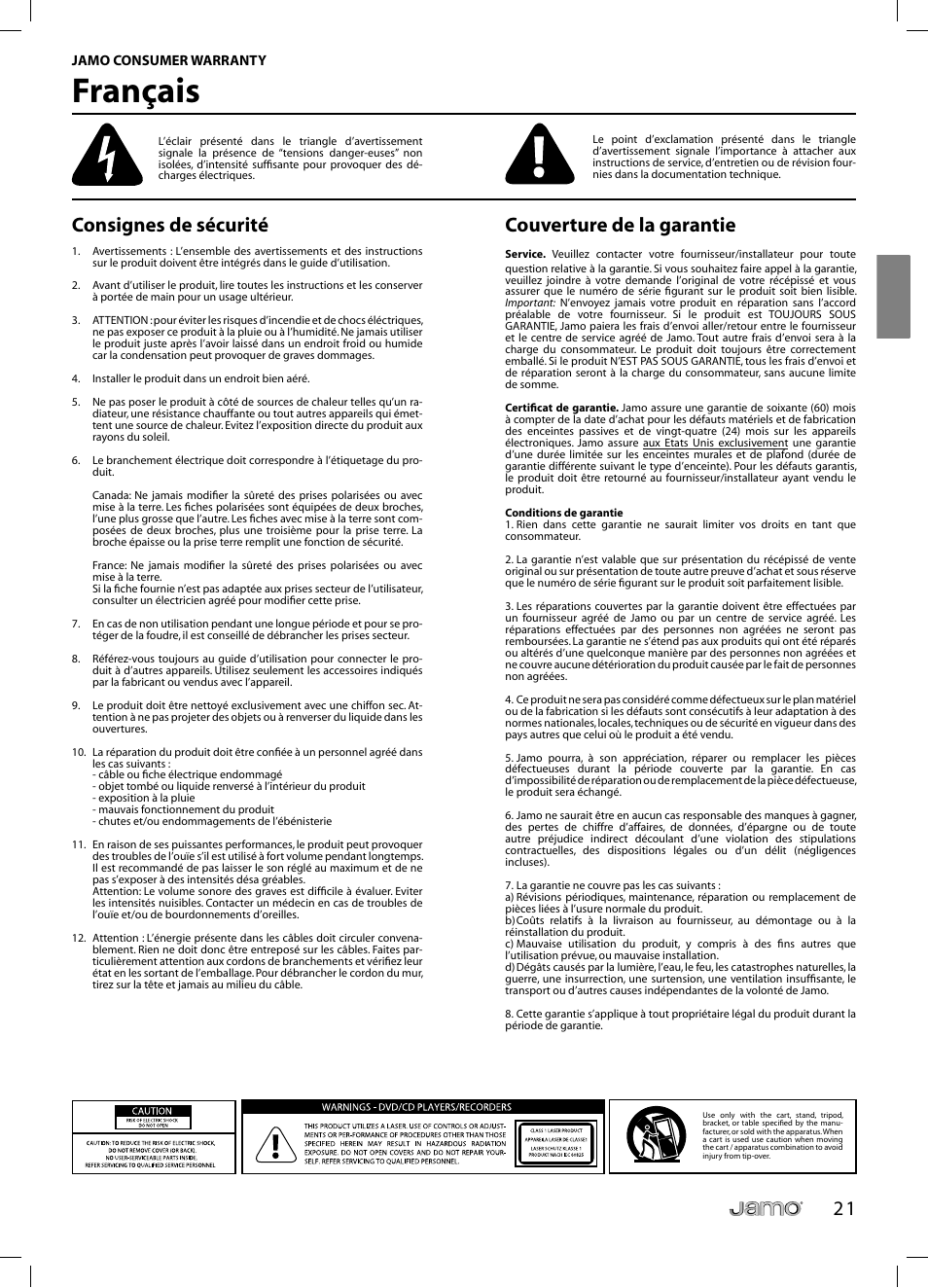 Français, Consignes de sécurité, Couverture de la garantie | JAMO C 803 User Manual | Page 38 / 183