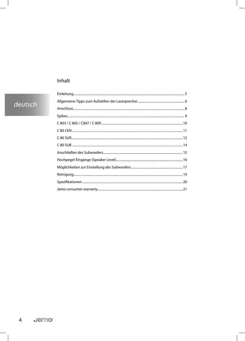 Deutsch, 4inhalt | JAMO C 803 User Manual | Page 39 / 183
