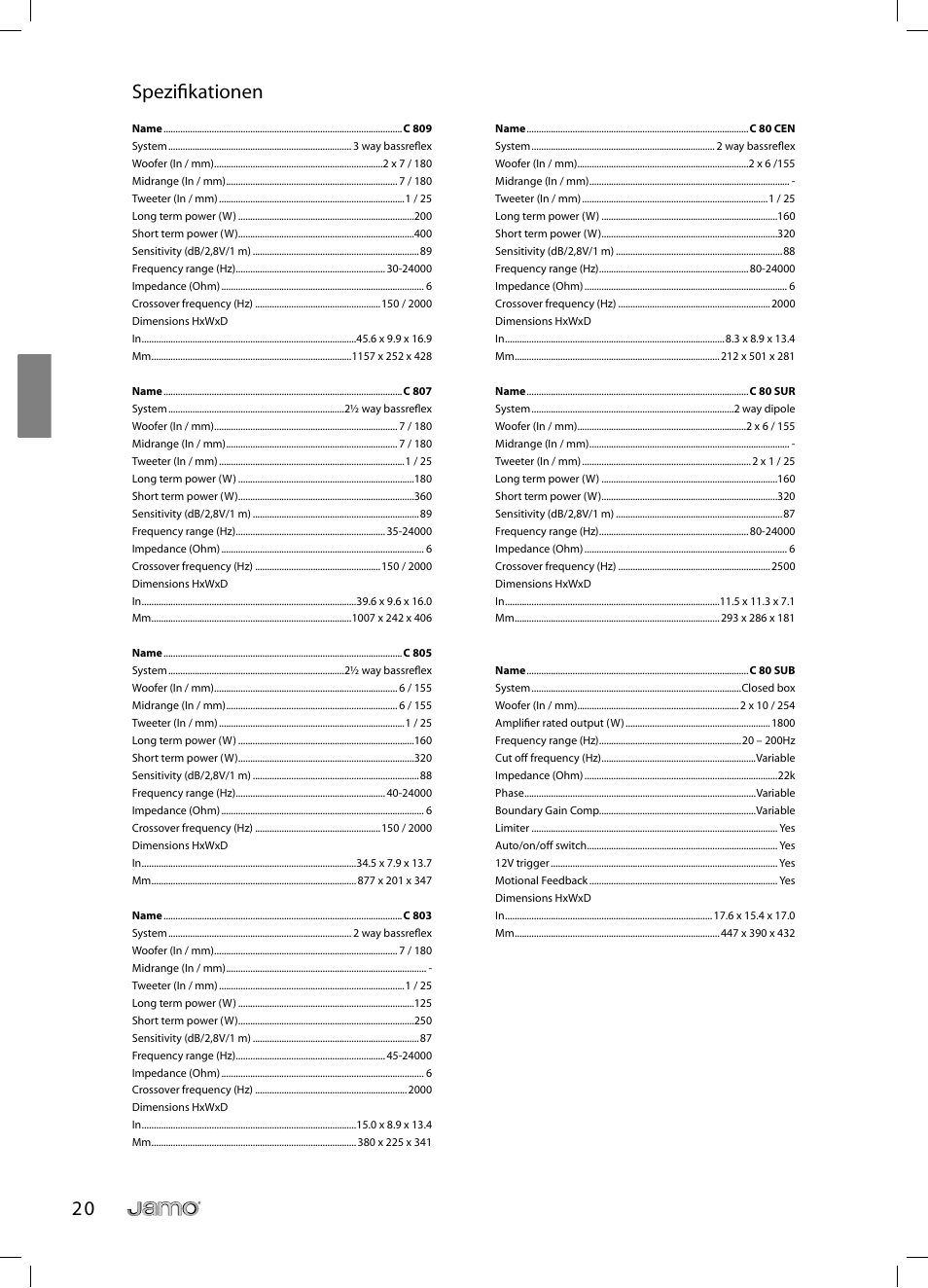2 0 spezifi kationen | JAMO C 803 User Manual | Page 55 / 183