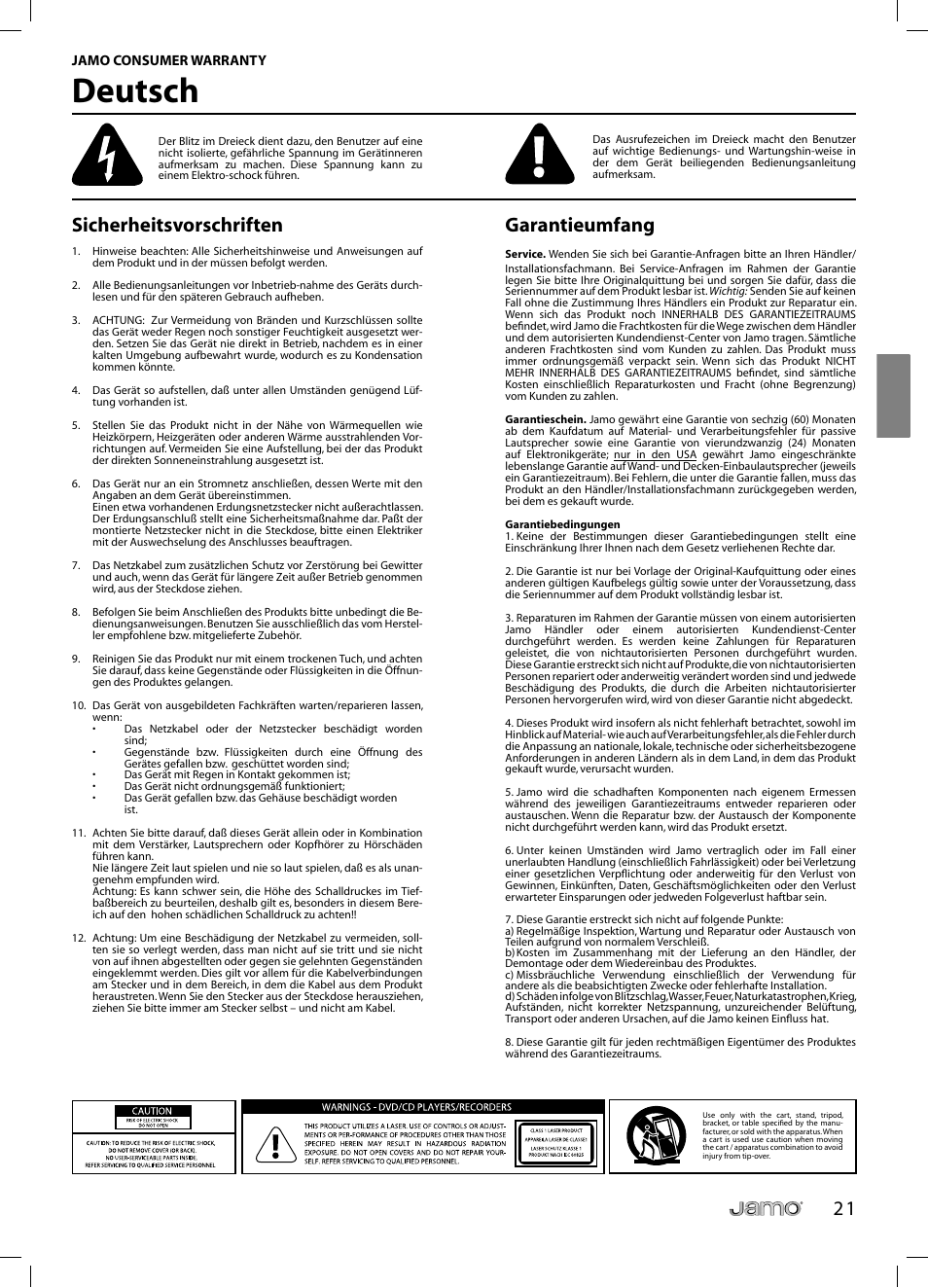 Deutsch, 2 1 sicherheitsvorschriften, Garantieumfang | JAMO C 803 User Manual | Page 56 / 183