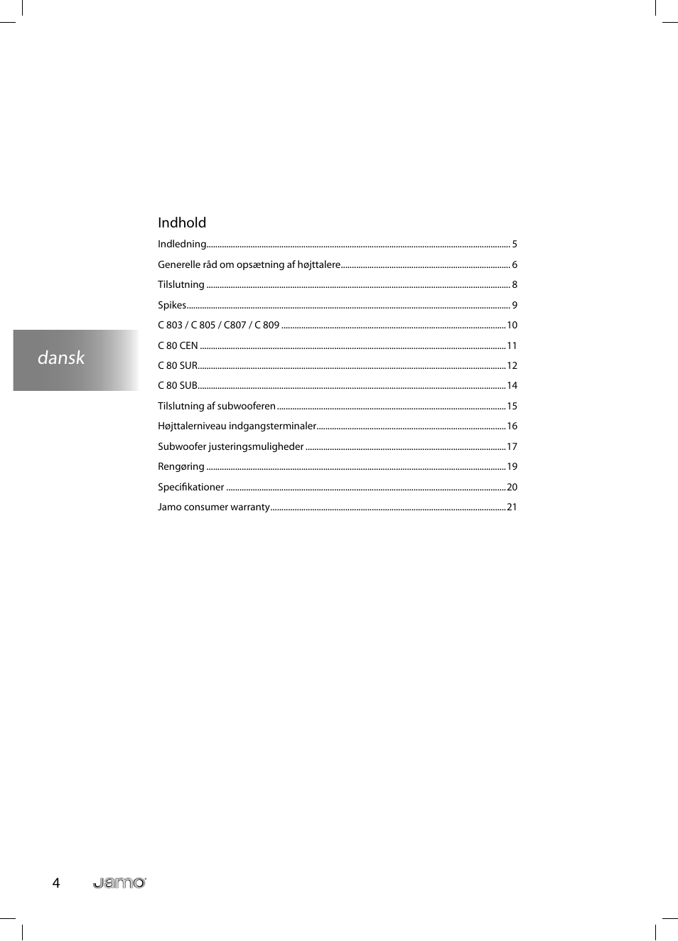 Dansk, 4indhold | JAMO C 803 User Manual | Page 57 / 183