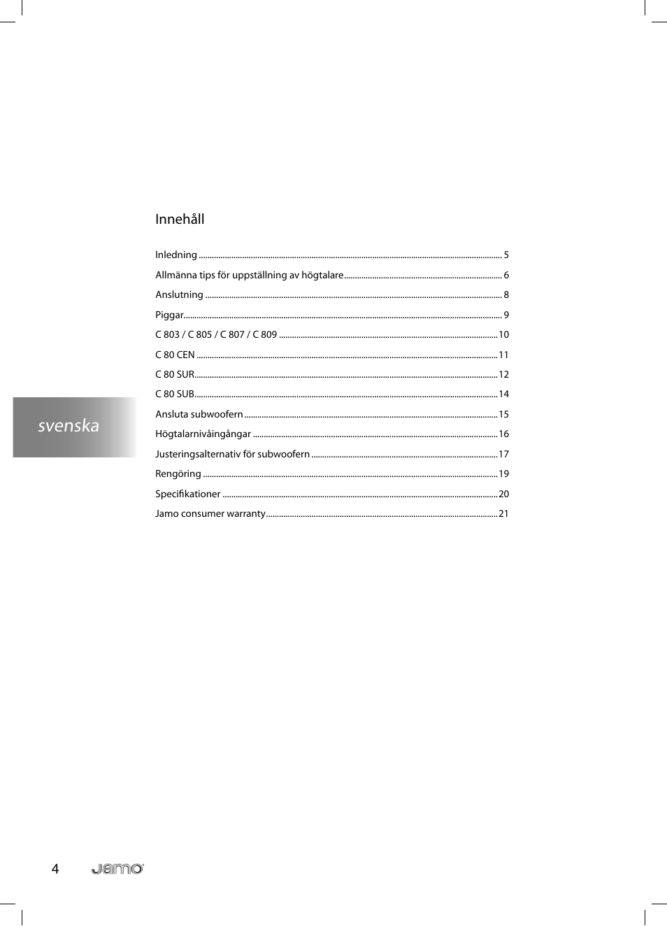 Svenska, 4innehåll | JAMO C 803 User Manual | Page 75 / 183
