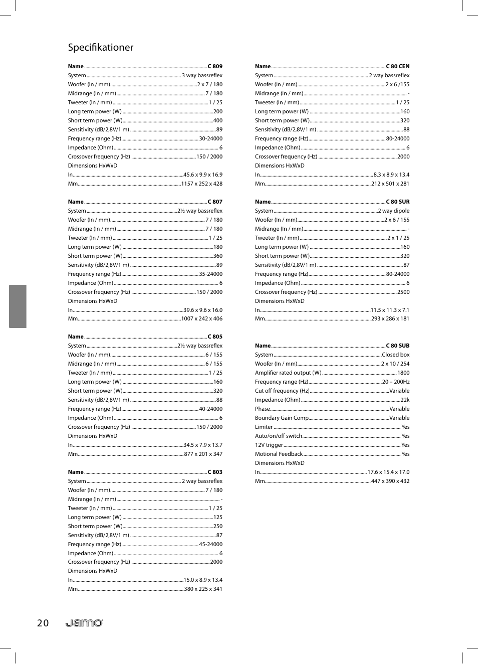 2 0 specifi kationer | JAMO C 803 User Manual | Page 91 / 183