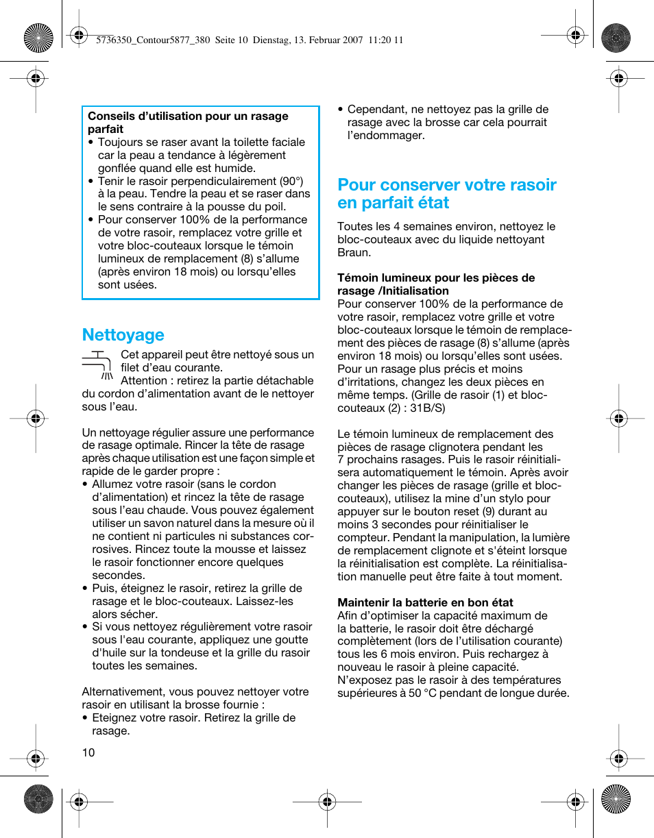 Nettoyage, Pour conserver votre rasoir en parfait état | Braun 350 User Manual | Page 10 / 42