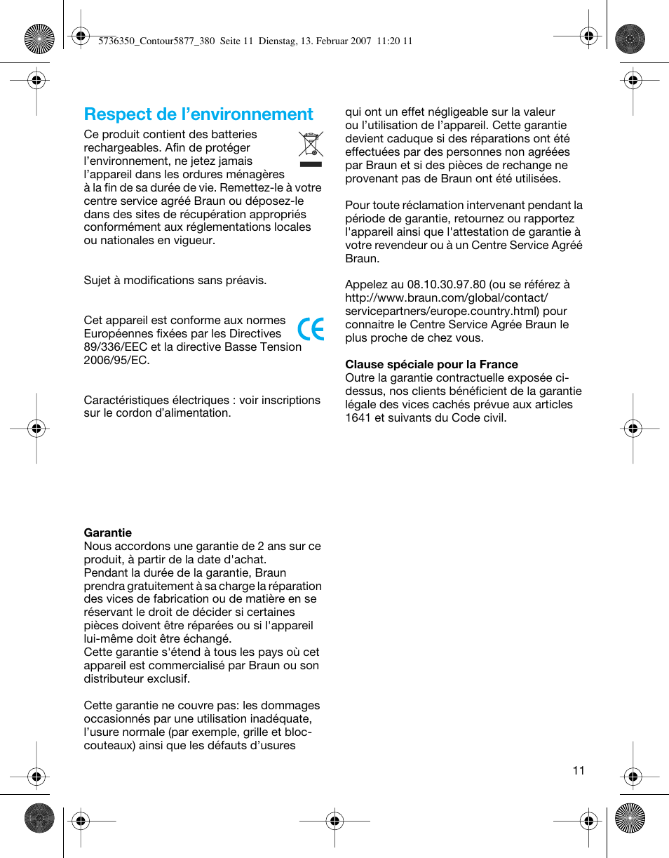 Respect de l’environnement | Braun 350 User Manual | Page 11 / 42