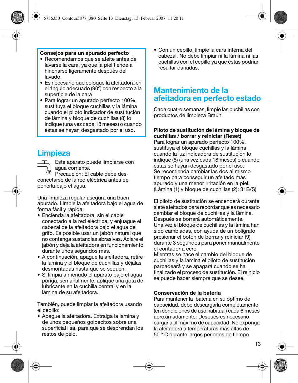 Limpieza, Mantenimiento de la afeitadora en perfecto estado | Braun 350 User Manual | Page 13 / 42