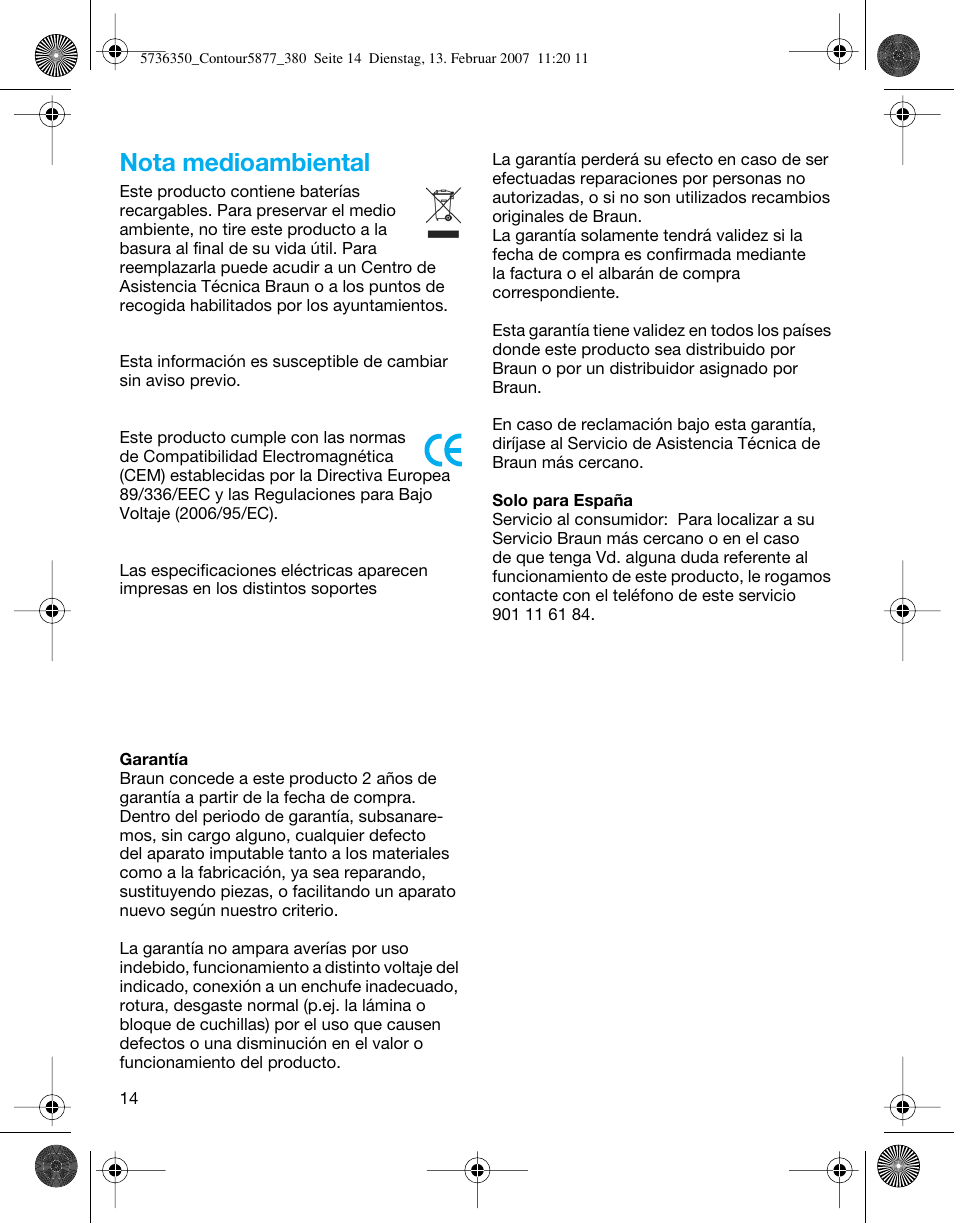 Nota medioambiental | Braun 350 User Manual | Page 14 / 42