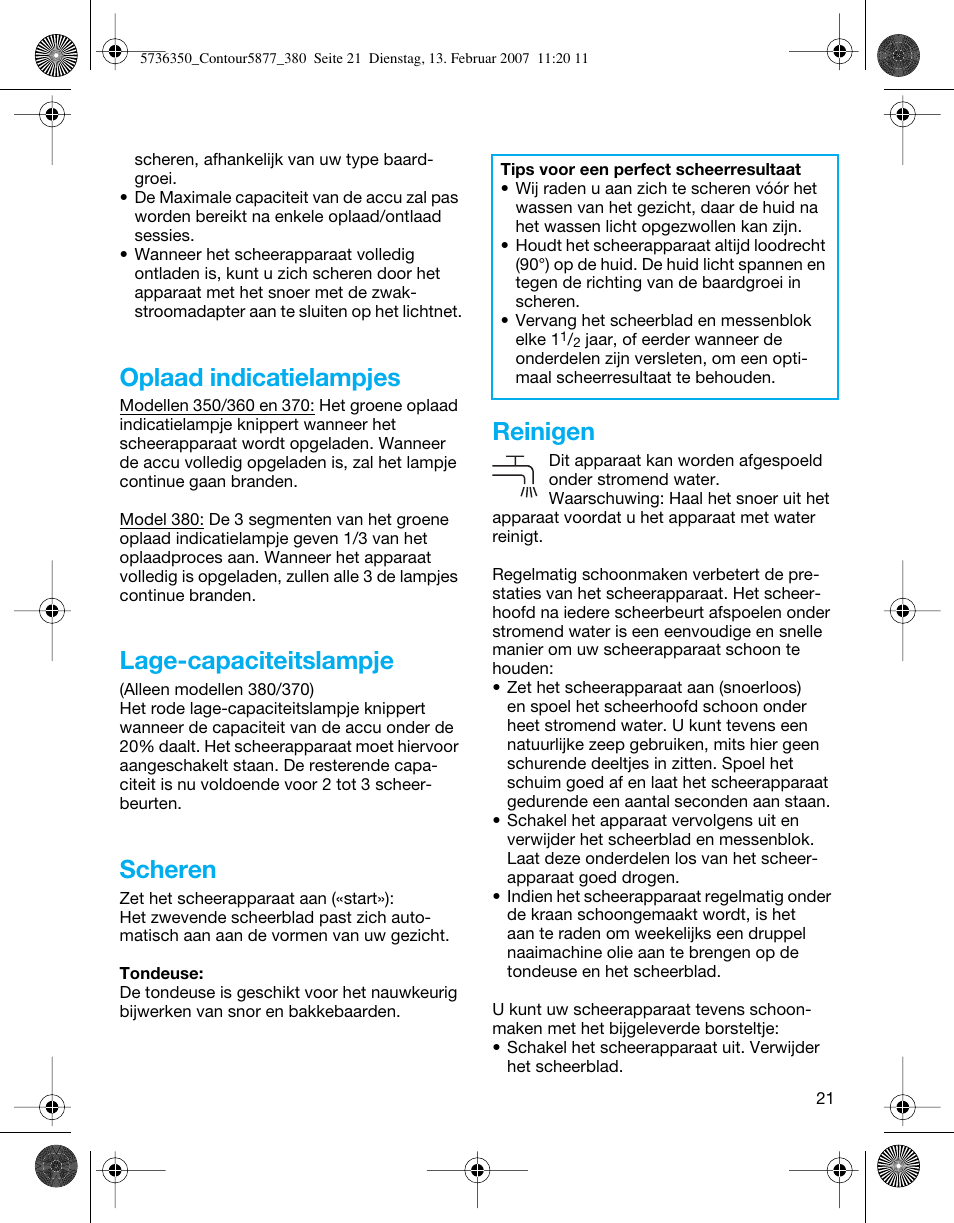 Oplaad indicatielampjes, Lage-capaciteitslampje, Scheren | Reinigen | Braun 350 User Manual | Page 21 / 42